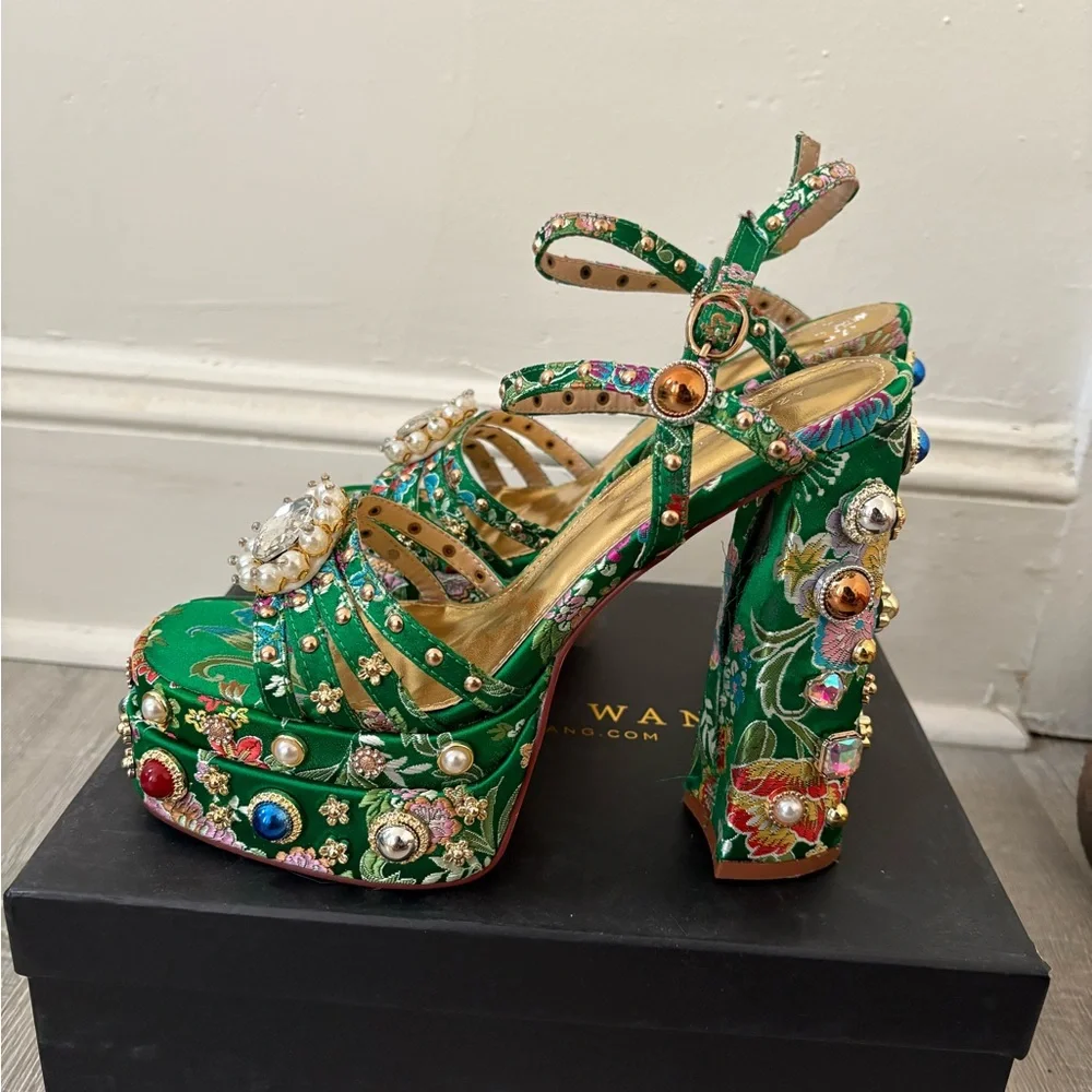 Floral Embellished Green Heels - Picture 2 of 11